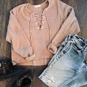 Function and fringe taupe sweater with laceup neck